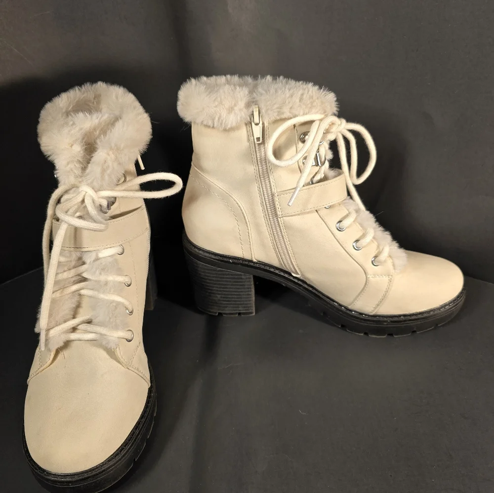 Esprit Elaine Leather Lace Up Ankle Boots Winter White Faux Fur Block Heel Sz 8M